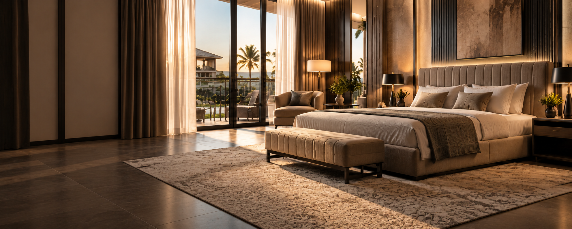 Golden-hour bedroom suite with a tufted bed and garden view