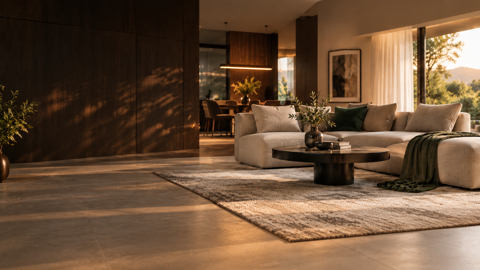 Golden-hour living room with a linen sofa and round coffee table