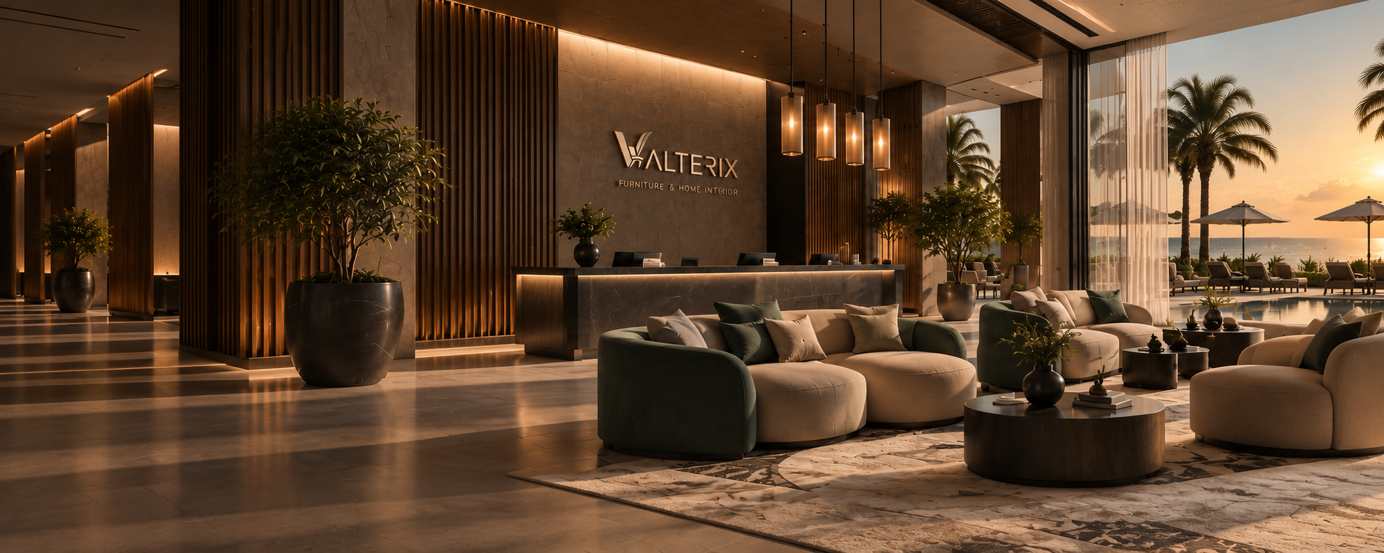 Golden-hour tropical resort lobby with lounge seating